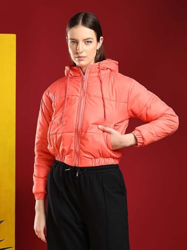 Image of KOTTY Women's Solid Full Sleeve Zipper Hooded Neck PuffercJacket