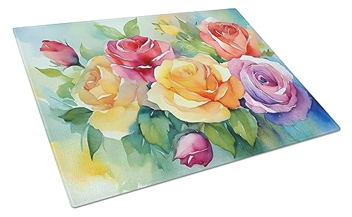 Caroline's Treasures DAC1609LCB Roses in Watercolor Glass Cutting Board Large Decorative Tempered Glass Kitchen Cutting and Serving Board Large Size Chopping Board