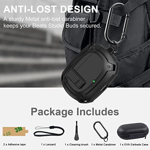 Beats Studio Buds Case Cover 2021, Secure Lock Hard Rugged Cool Shockproof Protective Case Cover For Beats Studio Buds Wireless Earbuds Case Accessories With Keychain Carabiner For Men Women, Black #TOP5