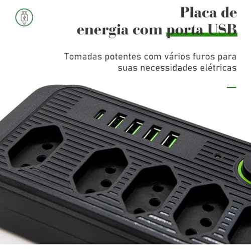 Extensão 5 Tomadas Régua de Energia Elétrica Cabo 2 Metros 4 Interfaces USB 1 Porta USB Tipo-C Bivol