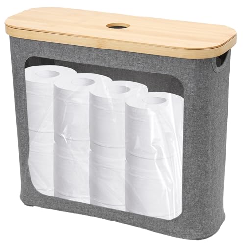 Portarotolo carta igienica con finestra, cestino di carta igienica per 12 rotoli di carta 43 x 17 x 37 cm, contenitore organizer da bagno con coperchio in bambù, pieghevole, per utensili di
