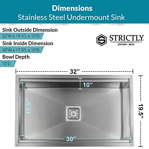 Strictly Sinks Undermount Workstation Kitchen Sink– Silver 32 Inch Scratch & Stain Resistant –16 Gauge With Single Bowl Bottom Grid, Wooden Cutting Board – Colander With Single Square Disposal Adapter #TOP4