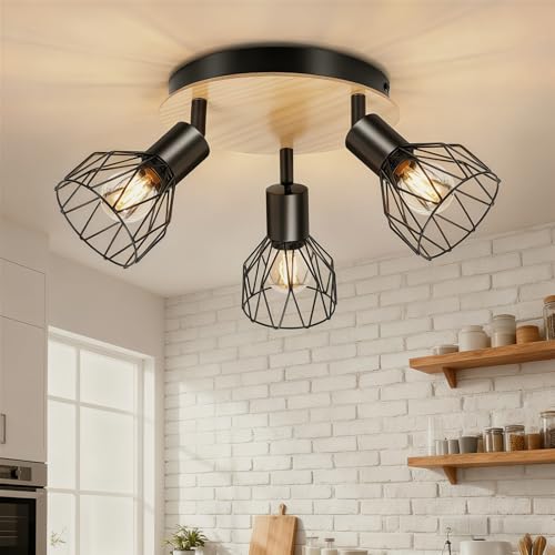 Ketom Plafonnier 3 Spot Noir, Ronde Luminaire Cuisine Plafond Bois, Plafonnier Orientable E14, Applique Murale 3 Spot avec Grille Métallique, pour Interieur,...