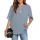 Funlingo Women's Summer Tops Short Sleeve Casual Shirts V Neck Chiffon Dressy Blouse Flowy Tops Grey