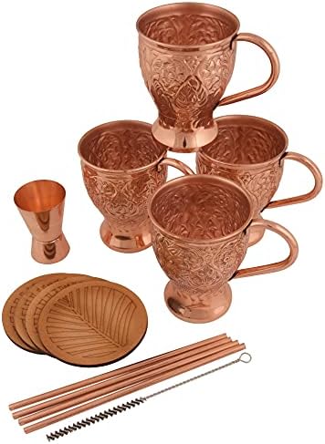 100% Moscow Mule Copper Mugs - Set of 4 - Handmade Pure Solid Hammered Copper Mugs - 16 oz capacity - Gift Set with BONUS: 4 Cocktail Copper Straws, 1 Shot Glass and 4 coasters