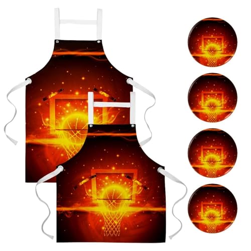 Tablier de cuisine original motif basket-ball en feu avec 4 broches ajustables lot de 2