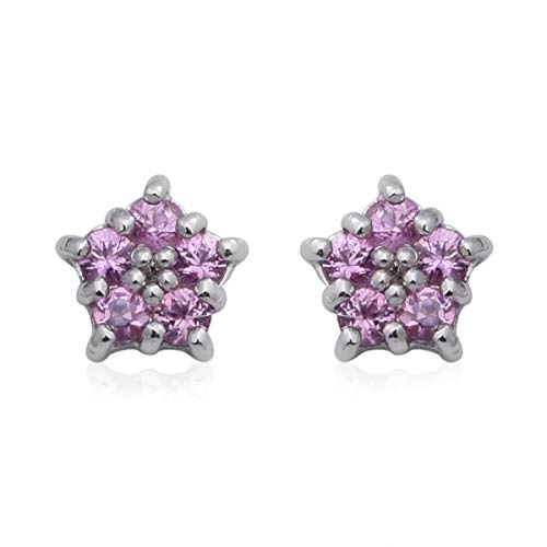 Platinum Plated 925 Sterling Silver Round Pink Sapphire White Diamond Solitaire Stud Ear Flower Rings Engagement Wedding Anniversary Bridal Jewelry Valentines Gift For Her Ct 0.7