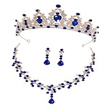 DIKACA Conjunto de Joyas para Novia Boda Tiara Dorada y Azul, Collar de Gemas de Imitación y Pendientes de Novia, Accesorios Elegantes para Vestido de Boda, Tocados Nupciales