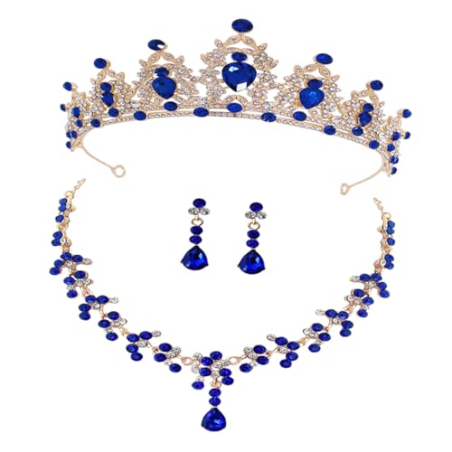 Tiara de novia dorada con pedrería azul y conjunto de collar elegante POPETPOP