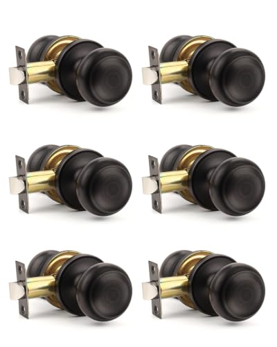 Orger 6 Pack Oil Rubber Bronze Passage Door Knobs Interior, Classic Round Shape Bronze Doorknobs with Non-Locking, Keyless Modern Design Door Lockset for Closet and Hallways