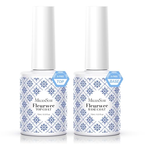 MelodySusie Fleurwee Hema Free Gel Polish Top Coat and Base Coat Set Clear Gloss Shiny Top Coat No Wipe Base Coat Long Lasting Soak Off UV Gel Nail Polish Beauty Gifts for Women