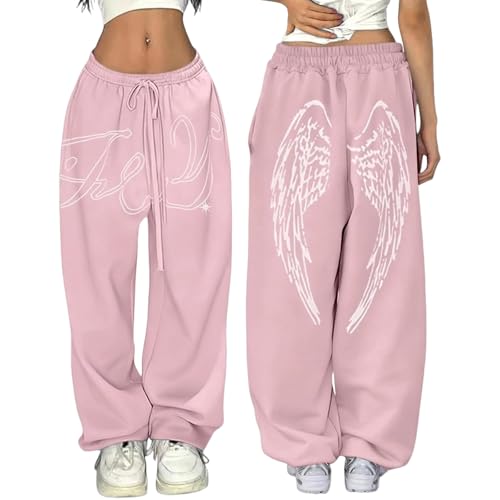 Pantalon de Survêtement Femme Ange Y2K Jogging Ample à Jambes Larges avec Imprimé Ailes d'ange Pantalon Hip-Hop à Cordon de Serrage Jogger Sportswear...