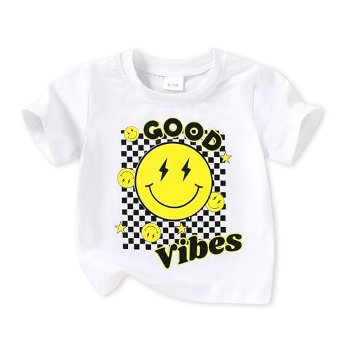 Happy Town Toddler Clothes Baby Boy Girl Smiley Face Shirt Short Sleeve T-Shirt Tee Summer Tops Outfits(Smiley Good Vibes,18-24 Months)
