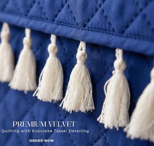 Image of VAS COLLECTIONS 3 Seater Quilted Velvet Sofa Cover with Tassels | Soft Washable Sofa Protector for Living Room | Elegant Furniture Cover for Home Decor (Blue)