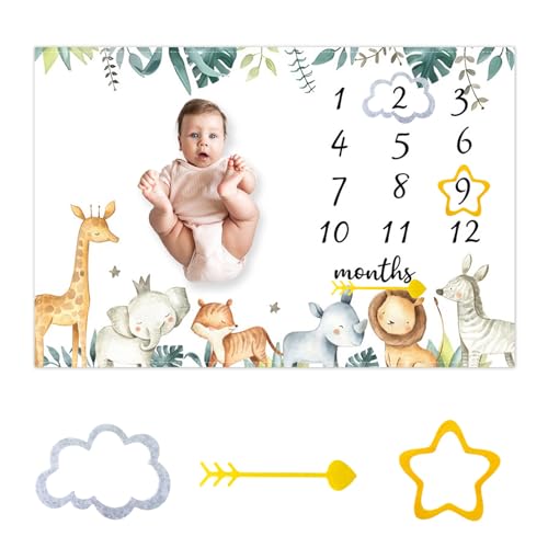 Image of CSFOTO Jungle Animals Baby Monthly Milestone Blanket Tropical Plants Safari Themed Newborn Photography Props Neutral Personalized Shower Present Boys and Girls Recording Blanket 60"x40" with Frame