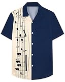SEAOYOZO Mens Bowling Shirts Short Sleeve Button Up Hawaiian Shirt 1950s Vintage Summer Beach Music Printed Casual Tops
