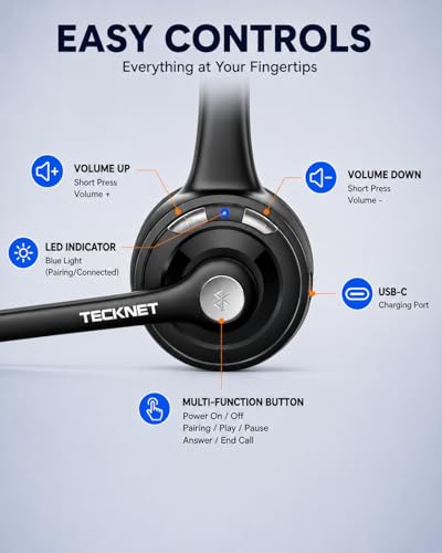 TECKNET Wireless Headset (USB Dongle), Bluetooth Headphones with Noise Cancelling Microphone for Trucker, Bluetooth V5.2 with Mute Button & Hands-Free Calling for Work — view 3