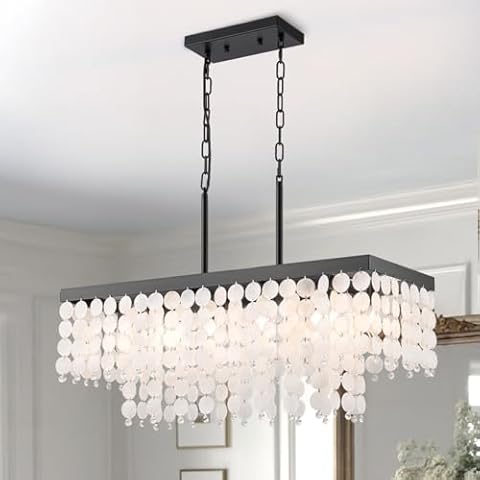 PUUPA Modern Rectangle Chandelier, Natural Capiz Shell Pendant Light Coastal Beach Hanging Light Fixture (6 Light, Black, E12 Base) Cover