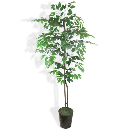 LCG Florals 6ft Artificial Ficus Tree in Black Metal Pot - Real Wood Trunk, No Maintenance Indoor Faux Plant - Living Room, Home & Office Decor