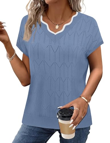 Image of WIHOLL Womens Summer Tops Cap Sleeve Sweater V Neck Shirts Beach Vacation Clothes Business Casual Fashion Clothing