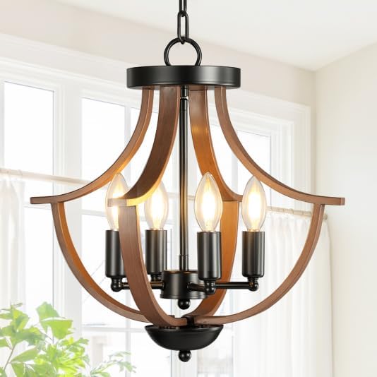 Farmhouse Chandelier,4-Light Modern Hanging Pendant Lighting,Rustic Vintage Ceiling Chandelier Light Fixture for Hallway Foyer Dining Room Entryway Kitchen Island Bedroom Walnut