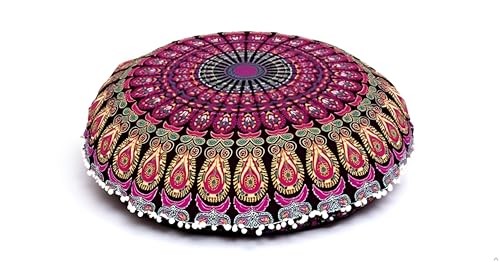 ICC 32 Inch Floor Pillows & Cushion covers Decorative Hippie Mandala Pouf Pillow covers Seating Meditation Cushion Cover Bohemian Large Boho Ottoman Case Pillowcase Couch Round Pink
