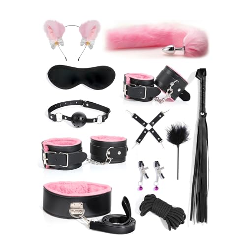 Image of 12pcs BDSM Bondage Kit, Restraints Set Sex Toys Anal Plug Tail Adult Bondage Gear & Accessories Esposas Sexuales, Bondage Equipment for Women Men Couple Black&Pink
