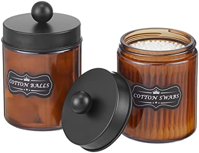 INIUNIK Amber Glass Qtip Holder, 2 Pack Apothecary Jars with Lids Cotton Ball Holder Cotton Round Swab Pad Holder, Bathroom Jars Counter Storage Jars Containers for Restroom Bathroom Organizer, Amber