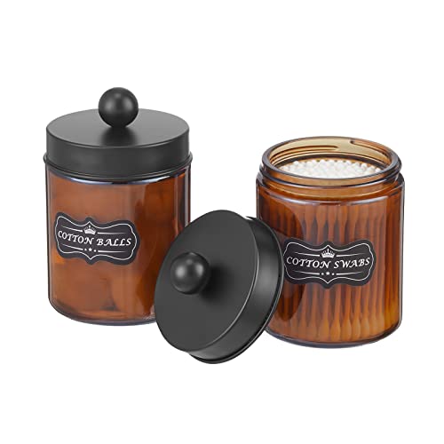 Iniunik Amber Glass Qtip Holder, 2 Pack Apothecary Jars With Lids Cotton Ball Holder Cotton Round Swab Pad Holder, Bathroom Jars Counter Storage Jars Containers For Restroom Bathroom Organizer, Amber #TOP6