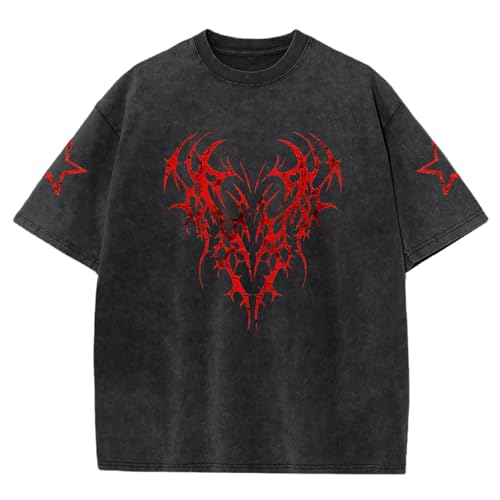 VikkBiss Men Graphic Tees Grunge Goth Punk Oversized Tshirts Emo Scene Gothic Shirts Y2k Streetwear Acid Wash T-Shirt(Black L)