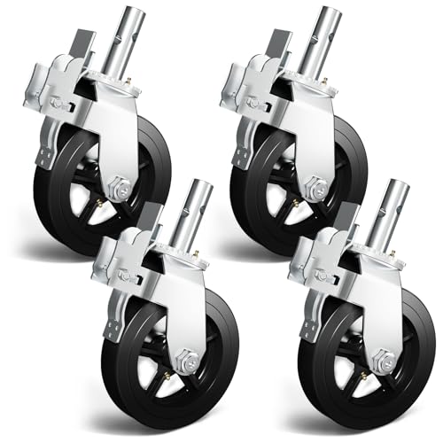 OK5STAR 8 Inch Scaffolding Wheels Set of 4 Scaffold Caster with Dual Locking Brakes Heavy Duty 750LBS Capacity per Rubber Caters 1-1/4 Solid Round Stem Replacement for Scaffold Workbench Shelves