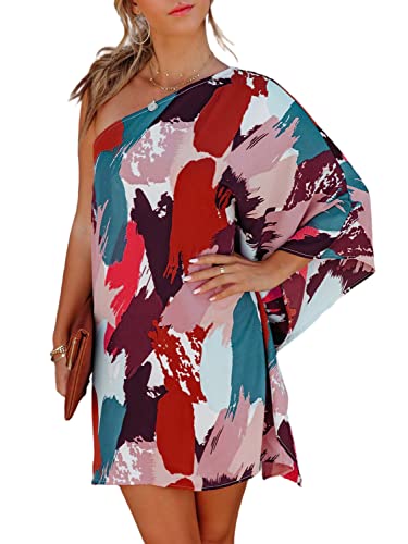 Berrygo Women's One Shoulder Batwing Cape Mini Dress Colorblock Floral Loose Casual Party Dress Red M #TOP24