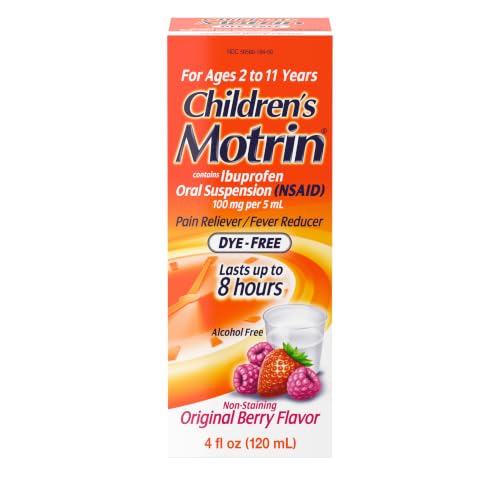 Motrin Childrens Oral Suspension 100mg Ibuprofen Medicine NSAID Fever Reducer & Pain Reliever for Minor Aches & Pains Due to Cold & Flu Dye Free Alcohol-Free Berry Flavored 4 fl. Oz
