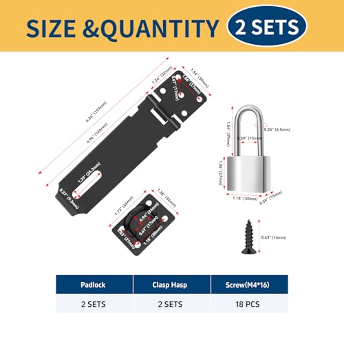Image of 2 Sets Door Lock Latch 5 Inch Pad Lock Hasp Latch Stainless Steel Latch Lock with 1.5 inch Long Shackle for Cabinets Closet Inside Door (Black)