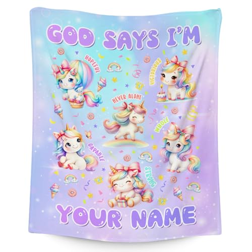 Custom Unicorn Blanket, Cozy Soft Throw Gifts for Girls, 40x50 Inch Cute Flannel Blanket for Unicorn Lovers, God Says I Am Throw Blankets for Couch Sofa