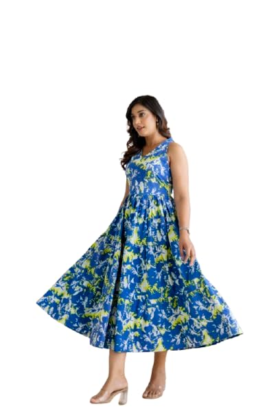Women's Sleeveless Fit & Flare Midi Dress – Blue Abstract Print Cotton Summer Dress-image-40