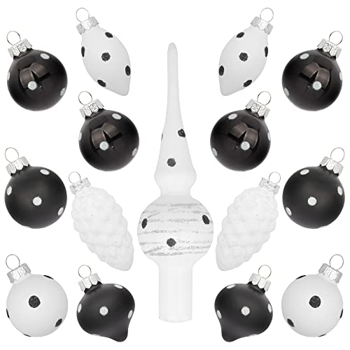 KINGYEE Miniatur-Glasornamente und Baumspitze, schwarz und weiß, gepunktet, Mini-Weihnachtsbaumschmuck, 15 Stück, für Tischplatte, Schreibtisch, kleine Baumdekoration Cover