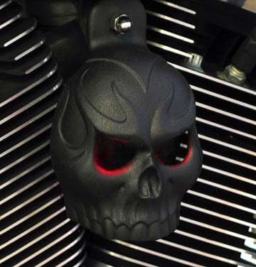 Textured Black Powder Coat Evil Twin Skull Horn Cover with LED Eyes (Blue)