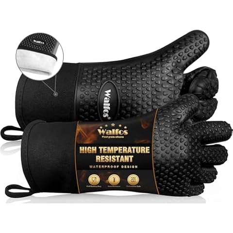 Walfos Silicone BBQ Gloves - Heat Resistant Grilling Gloves, Premium Non-Slip Kitchen Silicone Oven Mitt With Protective Cotton Layer Inside, Waterproof, Great for Grilling, Kitchen and Cooking, Black Cover
