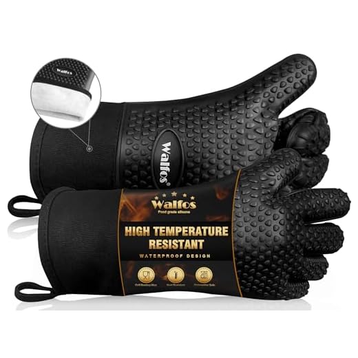 Walfos Grilling Gloves - Heat Resistant Silicone Oven Mitt, Premium Non-Slip Silicone Internal Protective Cotton Layer, Waterproof, Great for Grilling, Kitchen and Cooking (Black)…