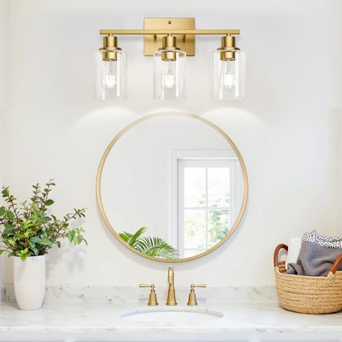 Image of MOKATNG 3-Light Bathroom Light Fixtures, Vanity Light with Clear Glass Shades, Brushed Gold Bathroom Light Fixtures Over Mirror, Modern Bathroom Wall Lamp for Mirror Living Room Cabinet Bedroom