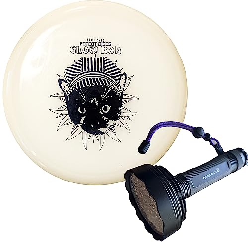FotCot Discs GlowBob Glow in The Dark Midrange Disc Golf Night Light Up Grip PDGA Approved Premium Plastic Recharge Cat Bob Stamp Black Blue Flashlight Combo Packs (GlowBob Black + Jumbo Flashlight)