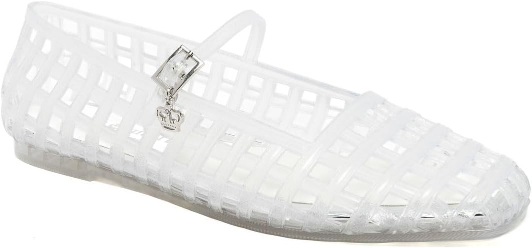 Juicy Couture Women's Jelly Mary Jane Flats, Caged Lattice Summer Shoes with Crown Charm