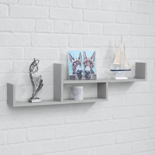 Image of Tweed Floating 2-Tier Shelf Kit | Large & Spacious Double Wall Rack Wood Display Storage Unit with 3 Compartments | Smooth Grey Finish | Organiser for Bedroom, Bathroom, Living Room, Kitchen