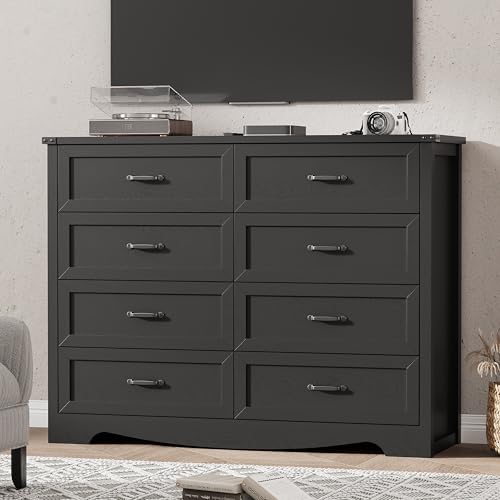 Image of Dresser for Bedroom with 8 Drawers, 48 inch Wide Wood Chest of Drawers with Deep Drawers & Mental Handle, Modern Dresser TV Stand, Wooden Closet Storage Organizer for Living Room, Hallway, Entryway, Black