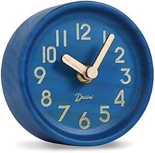 Driini Wooden Analog Desktop Clock  4.3 in. Decorative Pinewood Clock, No-Tick Design  Easy to Read Silent Sweep Mantle Clock  Quiet Tabletop Clocks with Wood Body, Hands, & Battery Cover; Blue