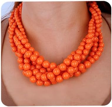 Aimimier 1920s Multi Strand Chunky Beads Cluster Choker Necklace Colorful Beads Twisted Necklace Prom Jewelry for Women (Orange)