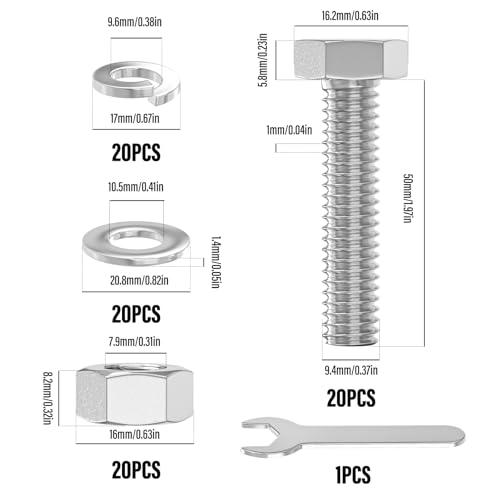 Image of 20PCS 3 /8-16 x 2 304 Stainless Steel Fully Threaded Bolt with Nut Flat & Lock Washers and Spanner
