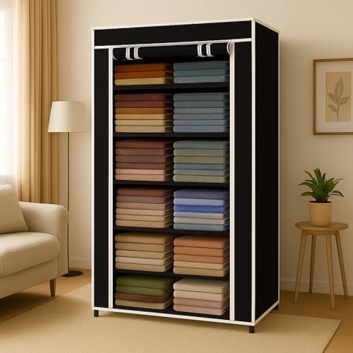Image of BONTEC Collapsible Wardrobe 6 Shelves Storage Clothes Storage Rack Quick Wardrobe /Cabinet /Multipurpose Storage Rack, Foldable, Collapsible Fabric Organizer Cupboard for Bedroom (Black, 6 Layer)