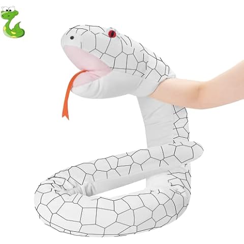 Gisqis Snake Hand Puppet, 65" Long Stuffed Animal Snake Puppet Large Stuffed Snake Plush Toy Snake Hand Puppets Realistic Soft Python Plushie Pillow Cushion Birthday Gifts for Kid Boys White Cover
